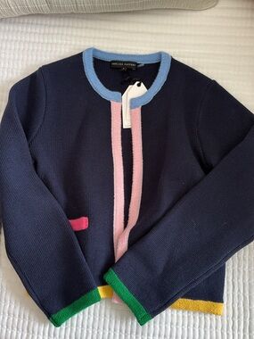 English Factory Navy Cardigan with Pink, Light Blue, Green and Yellow Trim